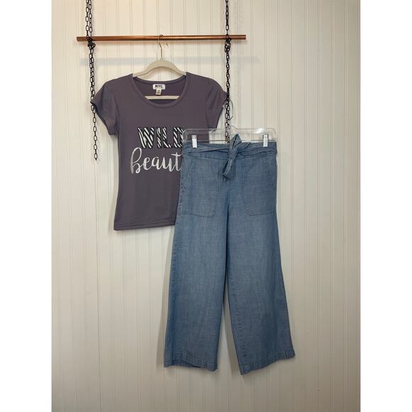 J. Crew & NYC Underground Wild Beauty T-Shirt & Belted Denim Pants Bundle Size S - Picture 1 of 9